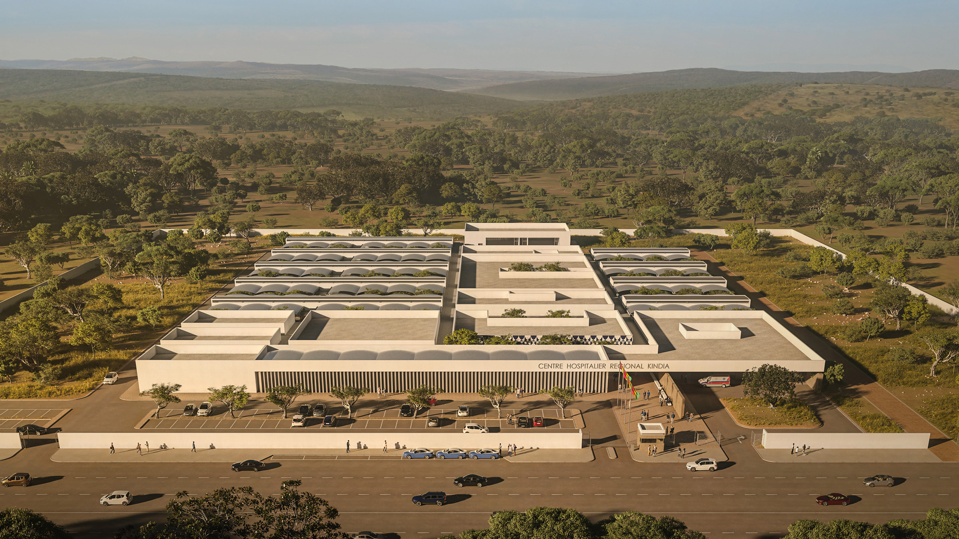 Aerial rendering of the four regional hospital programme in Guinea